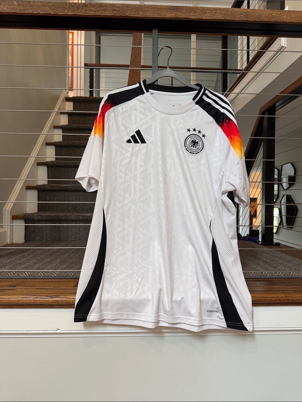 adidas Men’s White Football Jersey with Black and Red-Yellow Accents